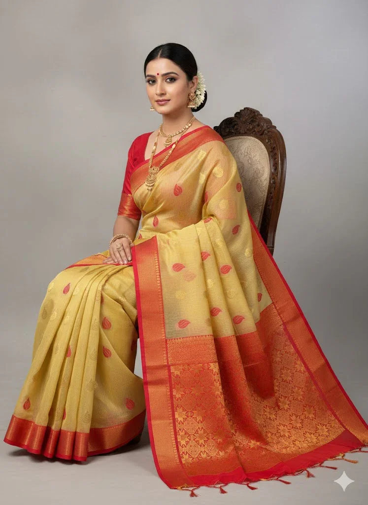 Pure Kuppadam Silk Cotton Saree with Traditional Korvai Zari Border and Rich Pallu – Handwoven Yellow &amp; Red - pochampallysarees.com