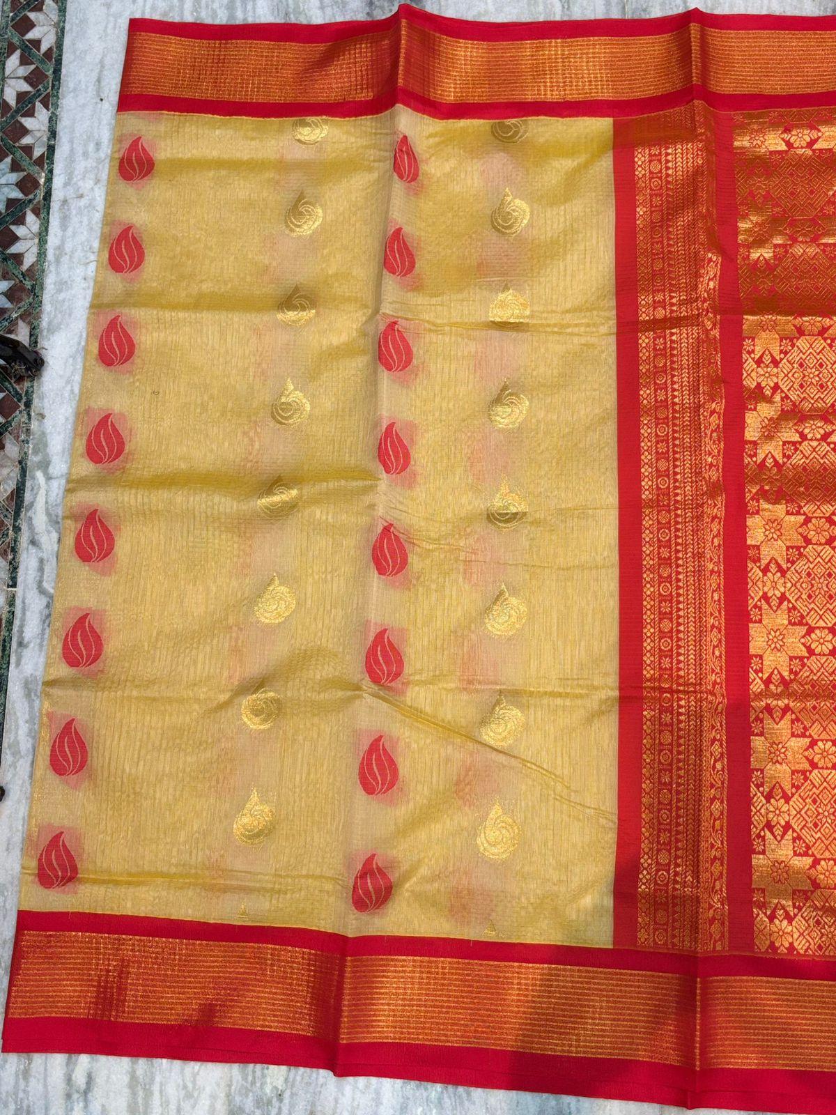 Pure Kuppadam Silk Cotton Saree with Traditional Korvai Zari Border and Rich Pallu – Handwoven Yellow &amp; Red - pochampallysarees.com