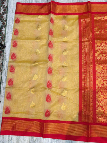 Pure Kuppadam Silk Cotton Saree with Traditional Korvai Zari Border and Rich Pallu – Handwoven Yellow &amp; Red - pochampallysarees.com