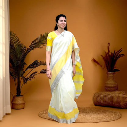 Kuppadam Pattu Cream With Yellow Color Saree - pochampallysarees.com