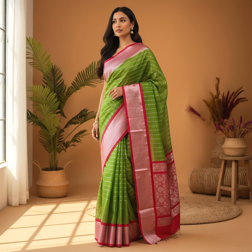 GREEN WITH PINK COLOR KANCHI KUPPADAM SILK COTTON SARi