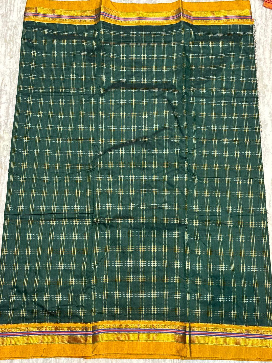 Pure Kuppadam Silk Cotton Saree in Bottle Green with Zari Checks &amp; Contrast Striped Pallu - pochampallysarees.com