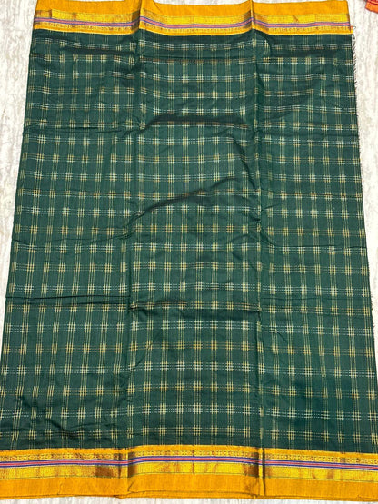 Pure Kuppadam Silk Cotton Saree in Bottle Green with Zari Checks &amp; Contrast Striped Pallu - pochampallysarees.com