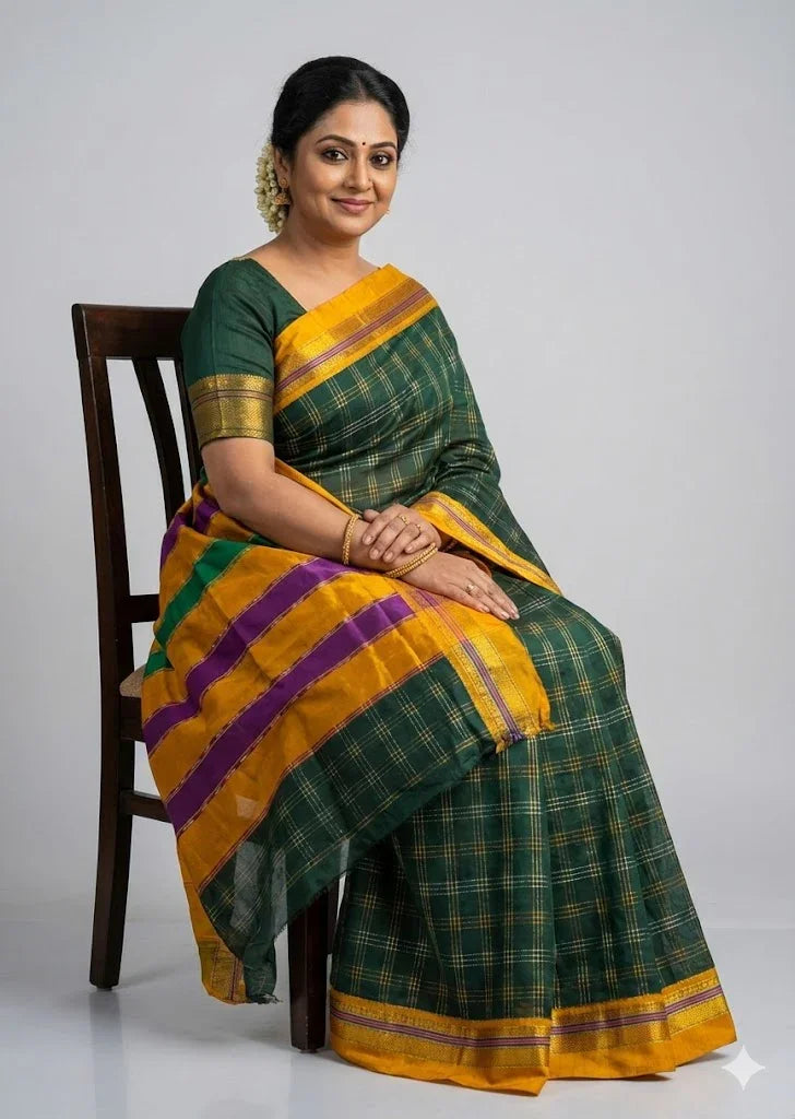 Pure Kuppadam Silk Cotton Saree in Bottle Green with Zari Checks &amp; Contrast Striped Pallu - pochampallysarees.com