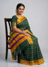 Pure Kuppadam Silk Cotton Saree in Bottle Green with Zari Checks & Contrast Striped Pallu - pochampallysarees.com