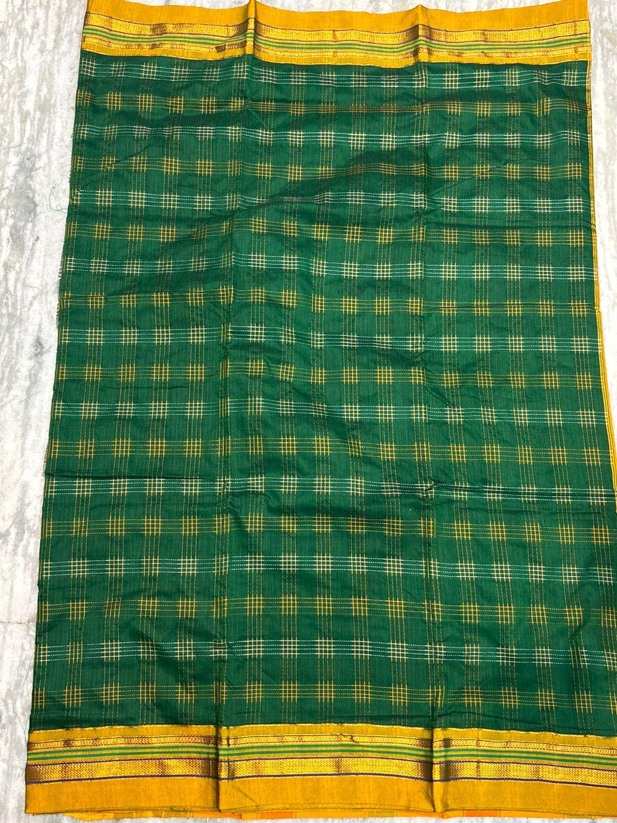 Pure Kuppadam Silk Cotton Saree in Emerald Green with Mustard Yellow Zari Border | Traditional Checkered Handloom Saree for Women - pochampallysarees.com