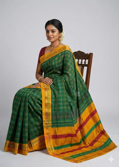 Pure Kuppadam Silk Cotton Saree in Emerald Green with Mustard Yellow Zari Border | Traditional Checkered Handloom Saree for Women - pochampallysarees.com