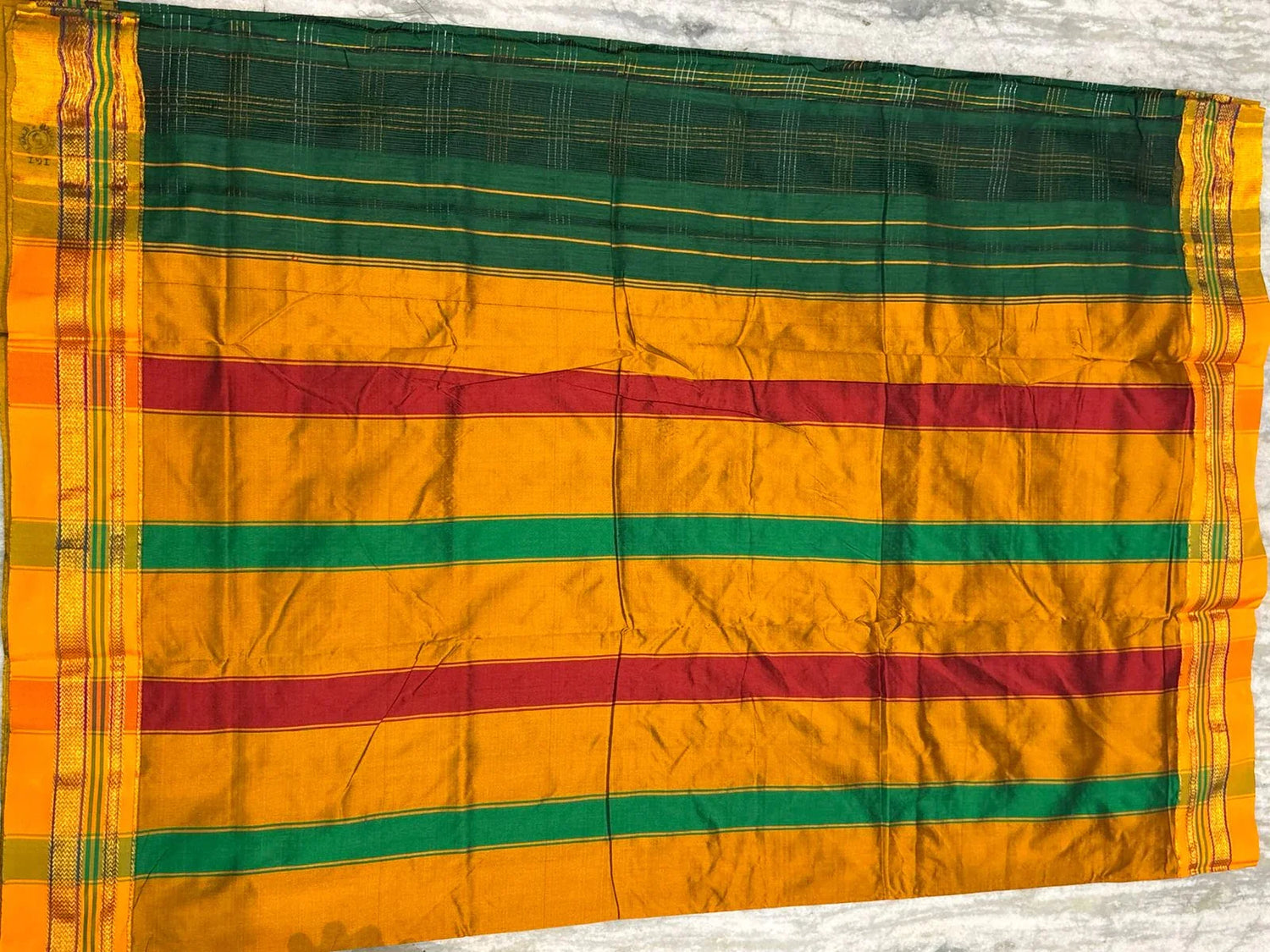 Pure Kuppadam Silk Cotton Saree in Emerald Green with Mustard Yellow Zari Border | Traditional Checkered Handloom Saree for Women - pochampallysarees.com