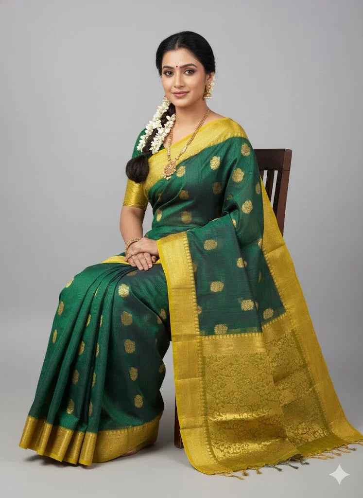 Pure Kuppadam Silk Cotton Saree with Traditional Zari Border &amp; Rich Pallu – Handwoven Green &amp; Gold - pochampallysarees.com