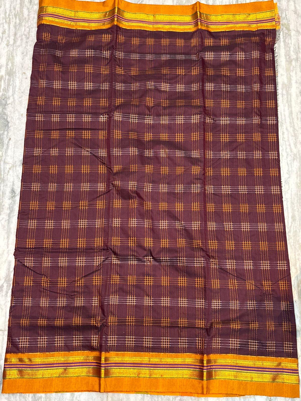 Authentic Maroon &amp; Yellow Kuppadam Pattu Silk Saree with Checked Pattern &amp; Multicolor Pallu - pochampallysarees.com