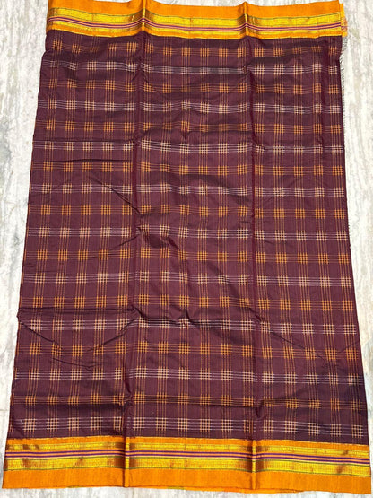 Authentic Maroon &amp; Yellow Kuppadam Pattu Silk Saree with Checked Pattern &amp; Multicolor Pallu - pochampallysarees.com