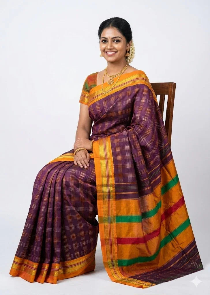 Authentic Maroon & Yellow Kuppadam Pattu Silk Saree with Checked Pattern & Multicolor Pallu - pochampallysarees.com