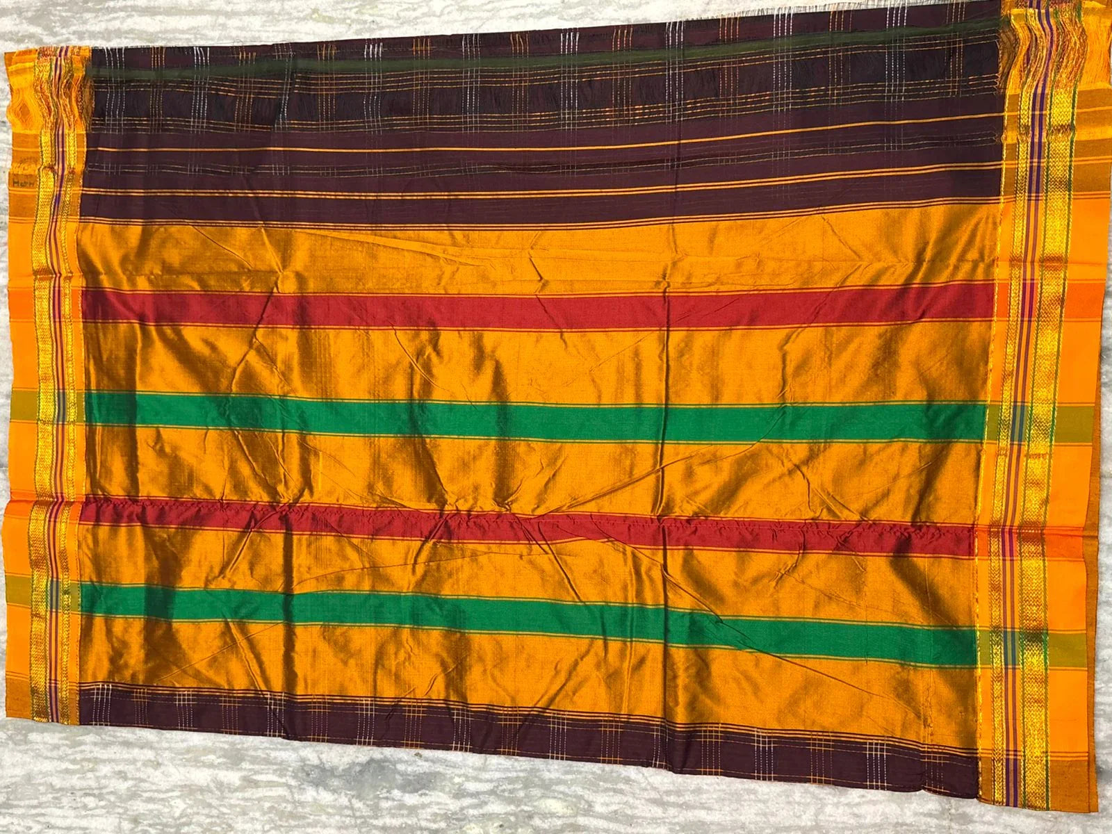 Authentic Maroon &amp; Yellow Kuppadam Pattu Silk Saree with Checked Pattern &amp; Multicolor Pallu - pochampallysarees.com