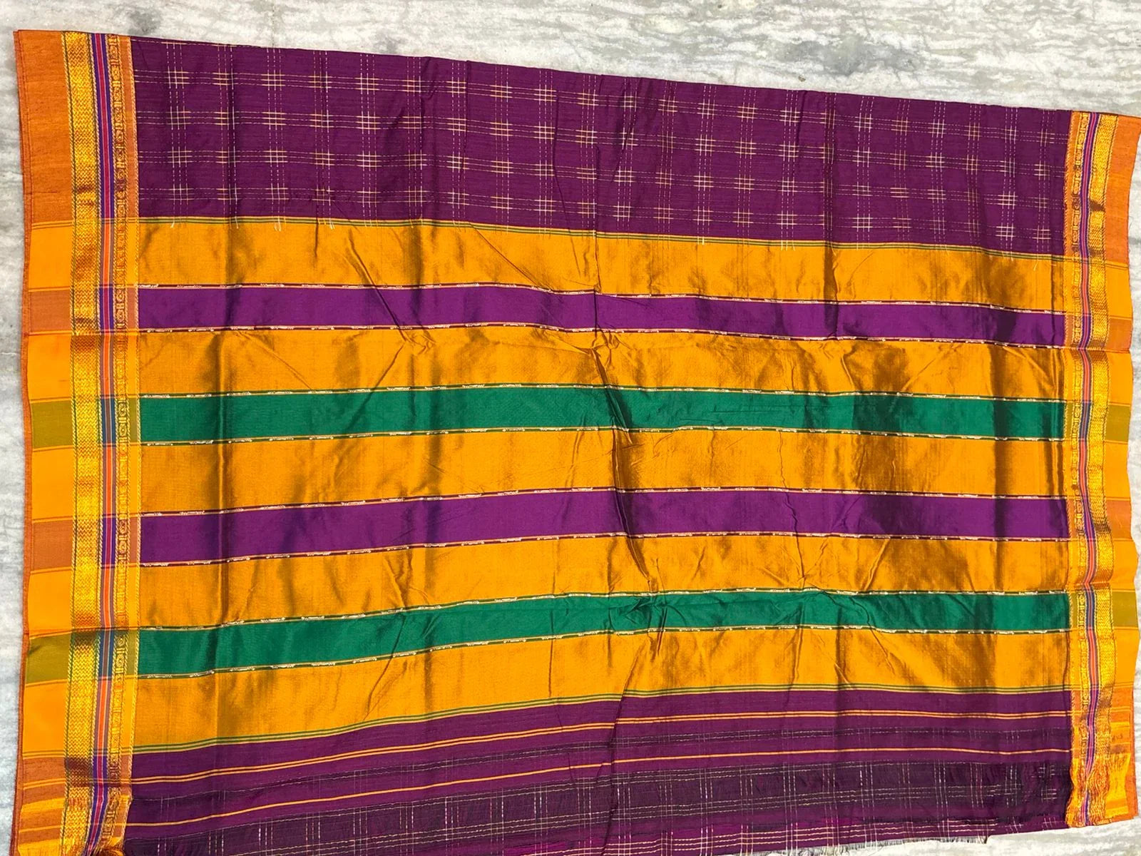 Pure Kuppadam Silk Cotton Saree in Deep Purple with Zari Checks &amp; Contrast Mustard Pallu | Traditional Ethnic Wear - pochampallysarees.com