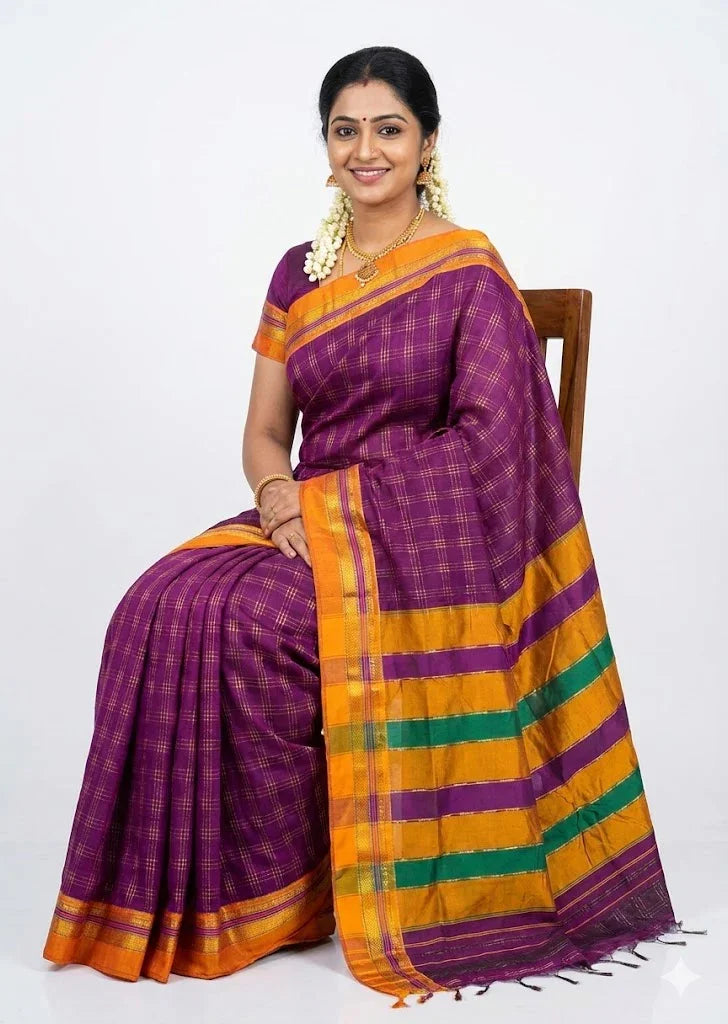 Pure Kuppadam Silk Cotton Saree in Deep Purple with Zari Checks & Contrast Mustard Pallu | Traditional Ethnic Wear - pochampallysarees.com