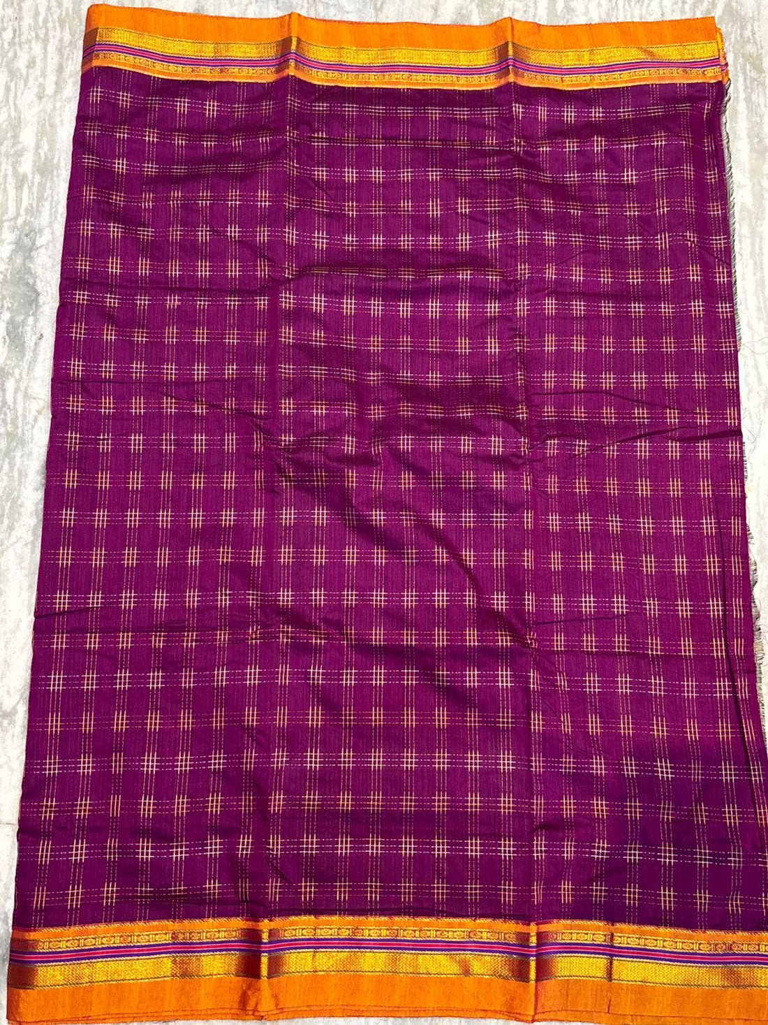 Pure Kuppadam Silk Cotton Saree in Deep Purple with Zari Checks &amp; Contrast Mustard Pallu | Traditional Ethnic Wear - pochampallysarees.com