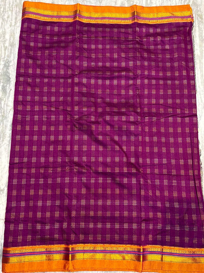 Pure Kuppadam Silk Cotton Saree in Deep Purple with Zari Checks &amp; Contrast Mustard Pallu | Traditional Ethnic Wear - pochampallysarees.com