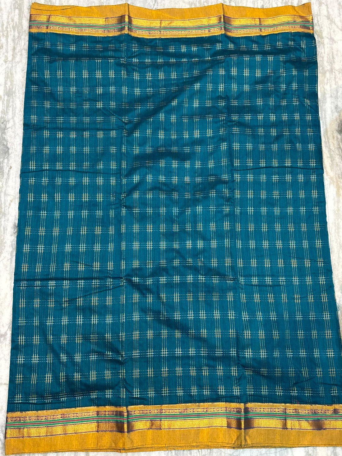 Pure Kuppadam Silk Cotton Saree in Teal Blue with Zari Checks &amp; Vibrant Contrast Pallu - pochampallysarees.com
