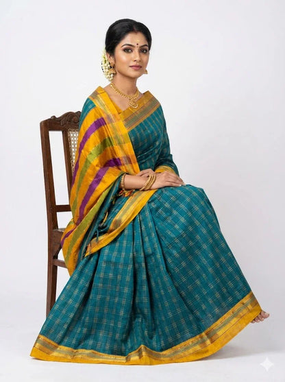 Pure Kuppadam Silk Cotton Saree in Teal Blue with Zari Checks &amp; Vibrant Contrast Pallu - pochampallysarees.com
