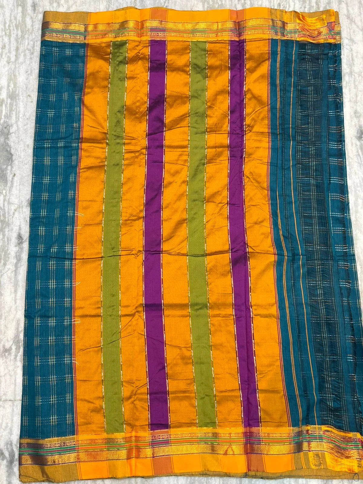 Pure Kuppadam Silk Cotton Saree in Teal Blue with Zari Checks &amp; Vibrant Contrast Pallu - pochampallysarees.com