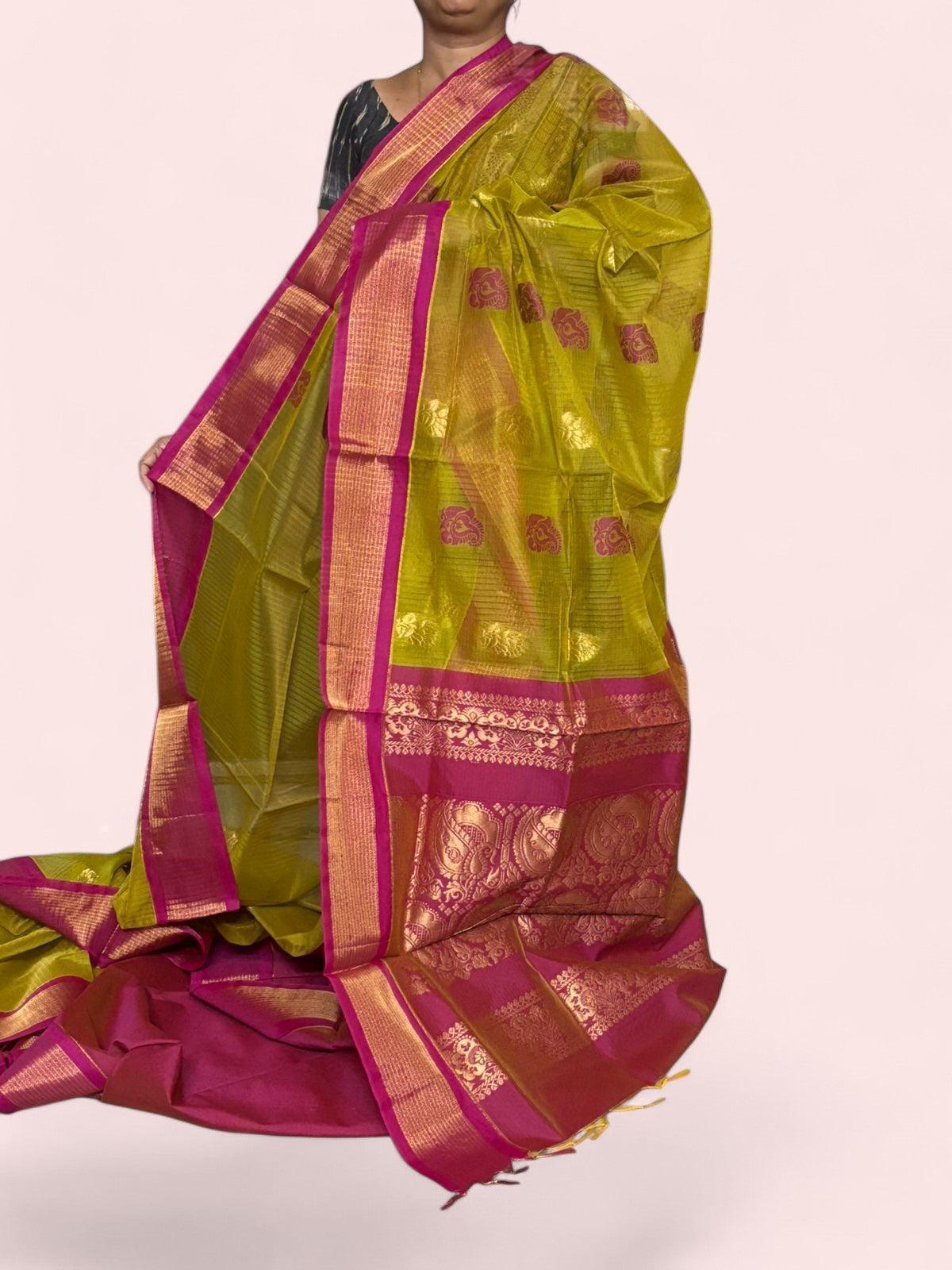 GREEN WITH PINK COLOR KANCHI KUPPADAM SILK COTTON SAREE