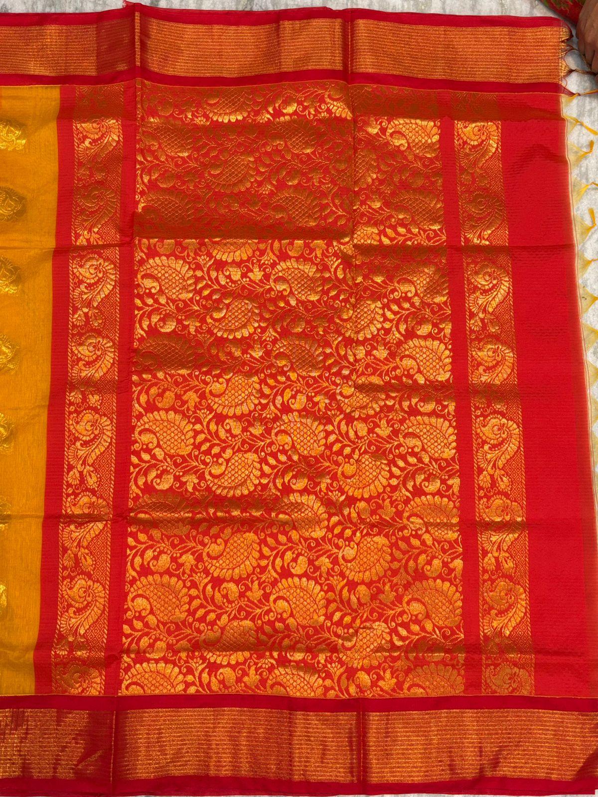 Pure Kuppadam Silk Cotton Saree with Traditional Korvai Zari Border &amp; Rich Pallu – Mustard Yellow &amp; Crimson Red - pochampallysarees.com