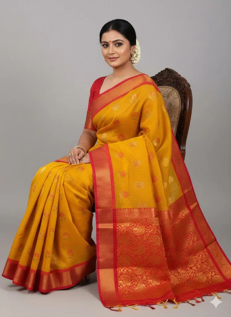 Pure Kuppadam Silk Cotton Saree with Traditional Korvai Zari Border &amp; Rich Pallu – Mustard Yellow &amp; Crimson Red - pochampallysarees.com