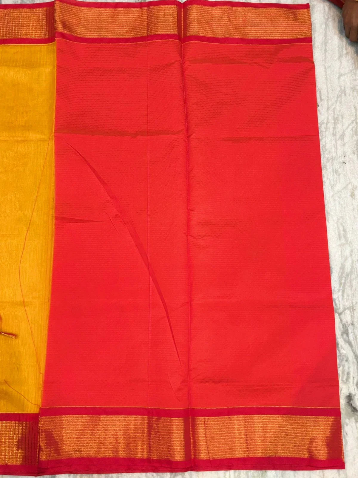 Pure Kuppadam Silk Cotton Saree with Traditional Korvai Zari Border &amp; Rich Pallu – Mustard Yellow &amp; Crimson Red - pochampallysarees.com