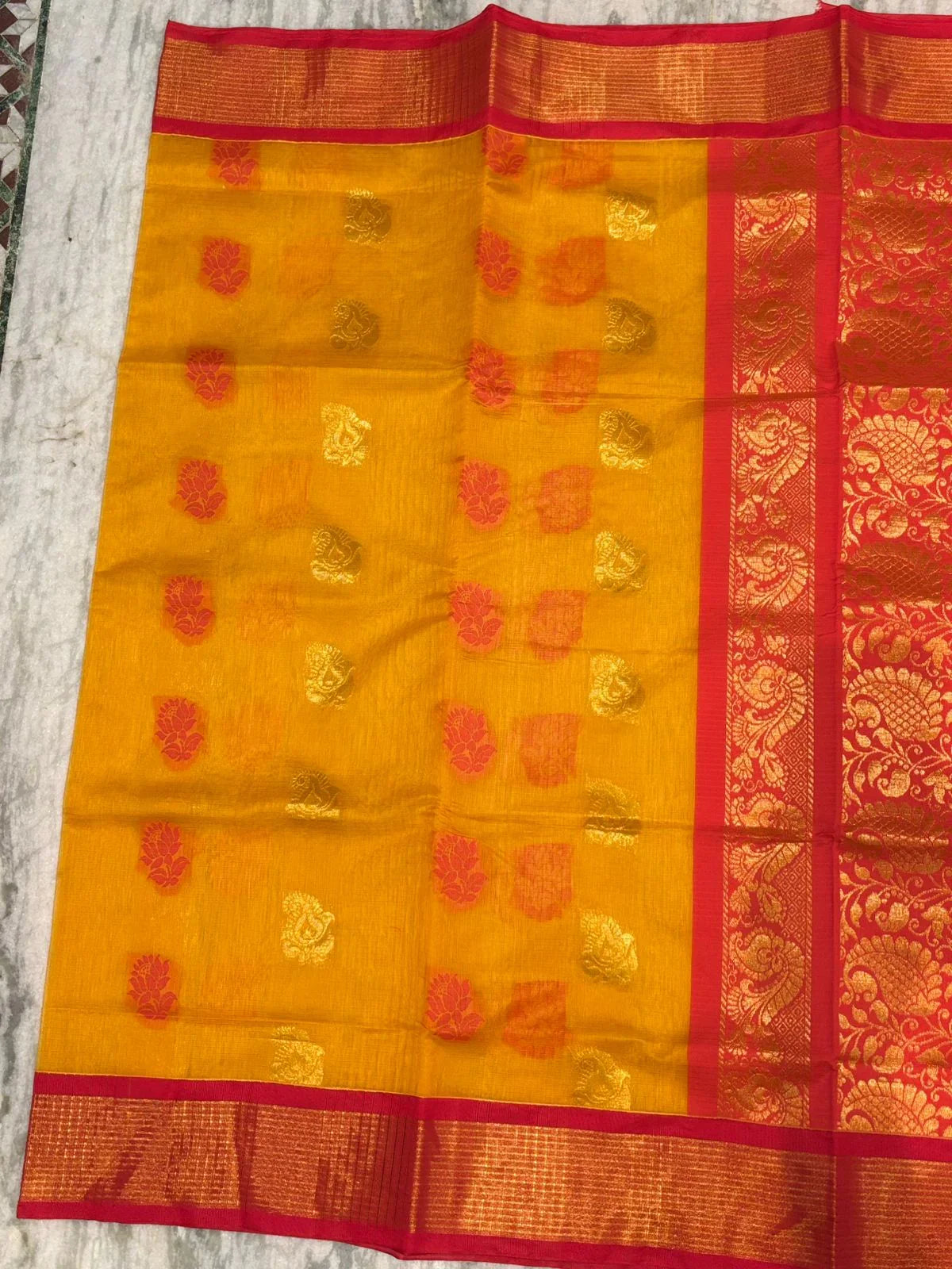 Pure Kuppadam Silk Cotton Saree with Traditional Korvai Zari Border &amp; Rich Pallu – Mustard Yellow &amp; Crimson Red - pochampallysarees.com