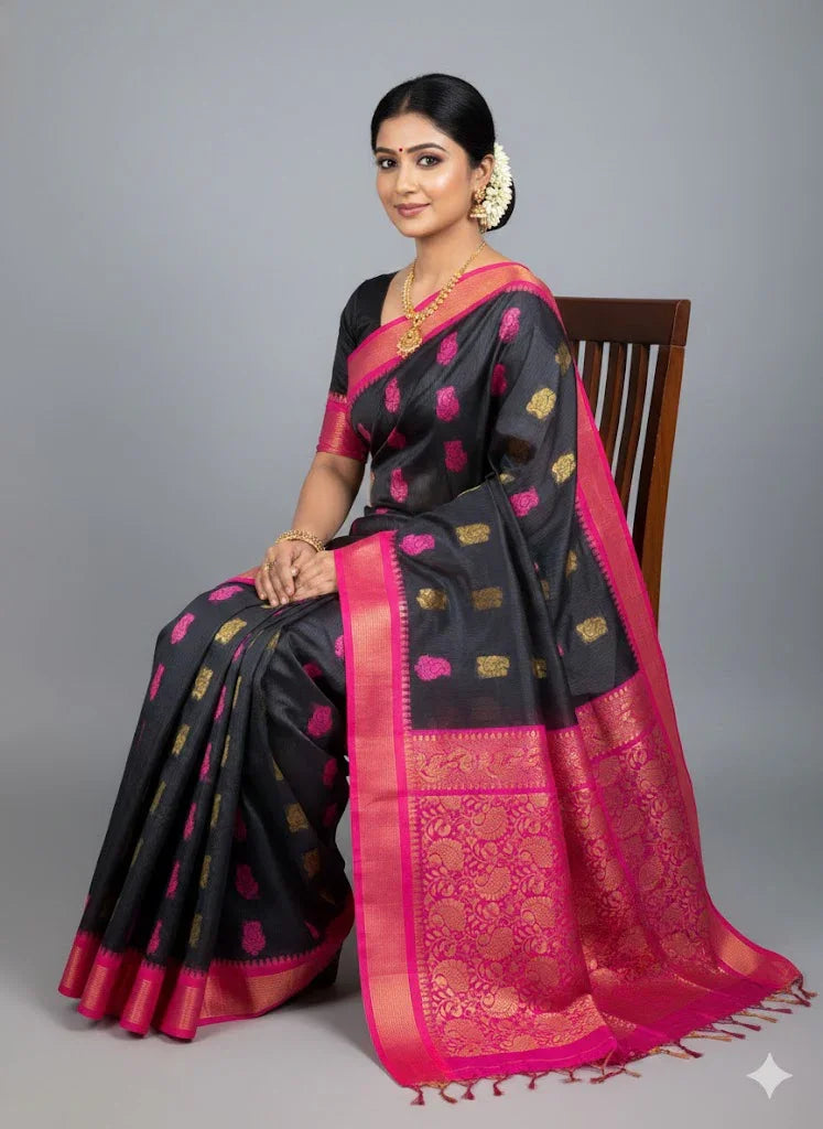 Pure Kuppadam Silk Cotton Saree in Jet Black with Contrast Magenta Pink Zari Border &amp; Rich Pallu - pochampallysarees.com