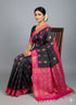 Pure Kuppadam Silk Cotton Saree in Jet Black with Contrast Magenta Pink Zari Border & Rich Pallu - pochampallysarees.com