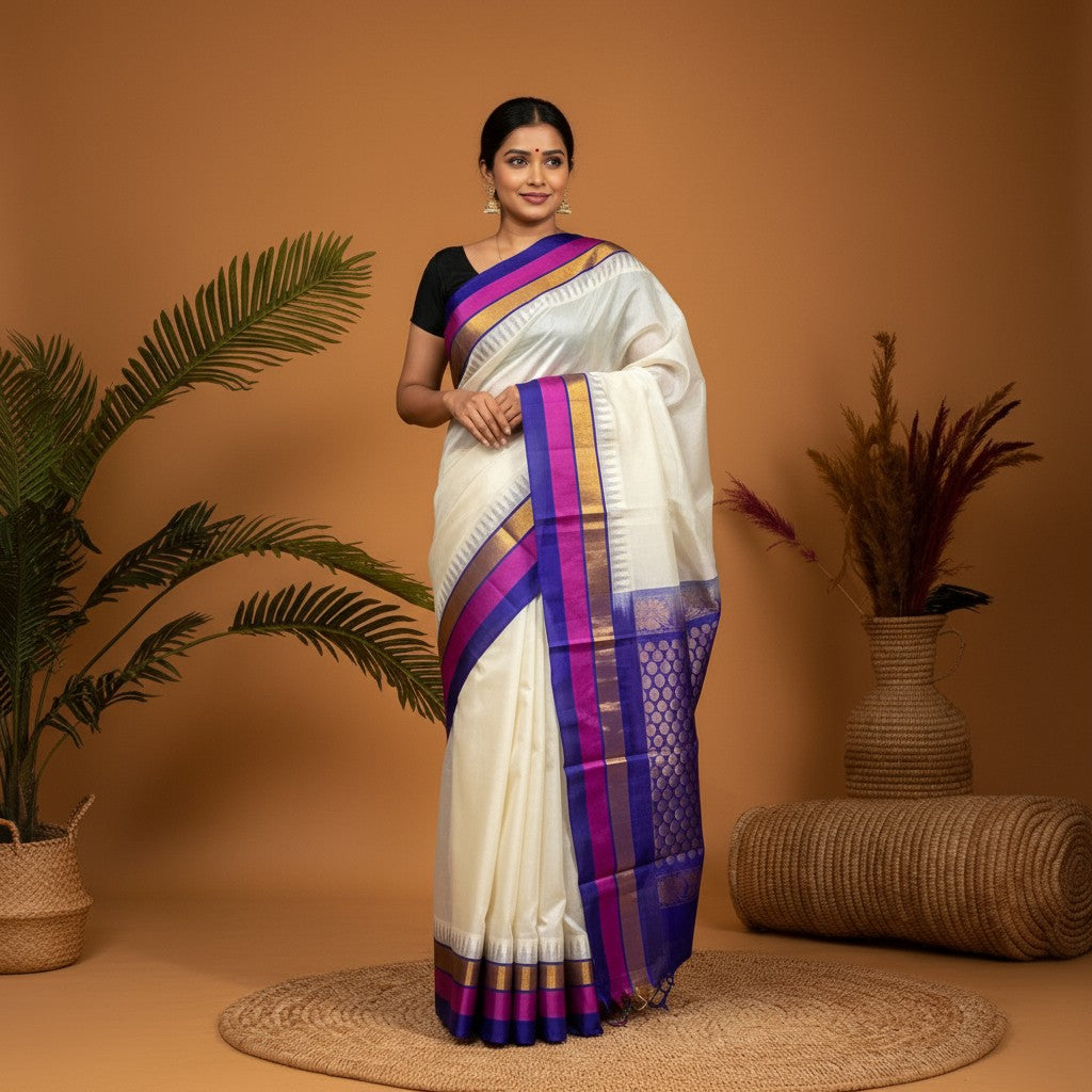 Kuppadam-cream-Blue-Sari-pochampallysarees.com