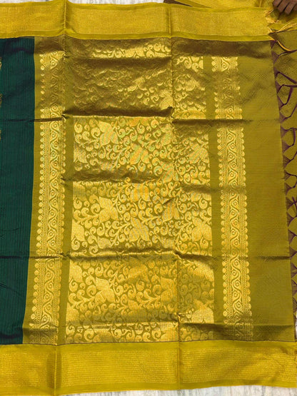 Pure Kuppadam Silk Cotton Saree with Traditional Zari Border &amp; Rich Pallu – Handwoven Green &amp; Gold - pochampallysarees.com