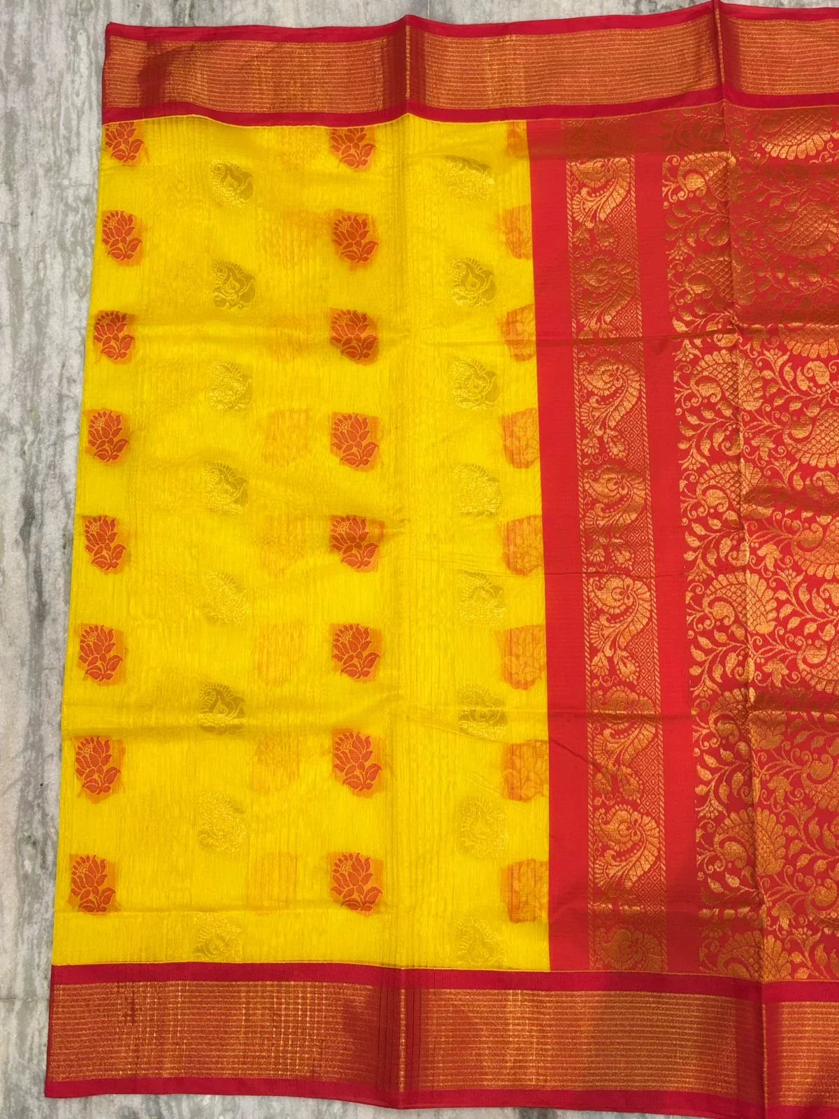 Pure Kuppadam Silk Cotton Saree with Traditional Korvai Zari Border &amp; Contrast Pallu - Yellow &amp; Red - pochampallysarees.com