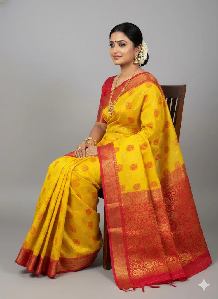Pure Kuppadam Silk Cotton Saree with Traditional Korvai Zari Border &amp; Contrast Pallu - Yellow &amp; Red - pochampallysarees.com