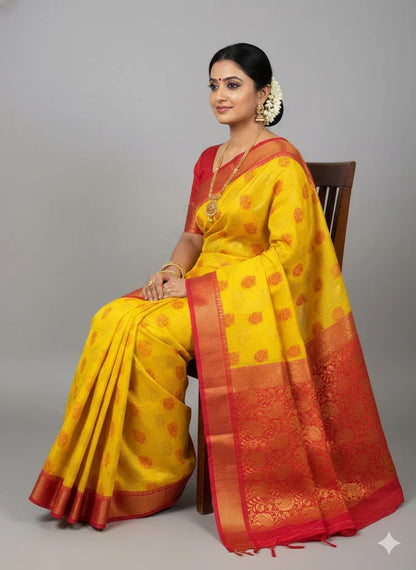 Pure Kuppadam Silk Cotton Saree with Traditional Korvai Zari Border &amp; Contrast Pallu - Yellow &amp; Red - pochampallysarees.com