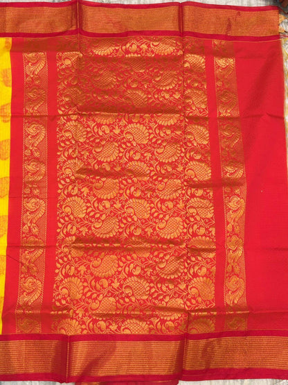 Pure Kuppadam Silk Cotton Saree with Traditional Korvai Zari Border &amp; Contrast Pallu - Yellow &amp; Red - pochampallysarees.com