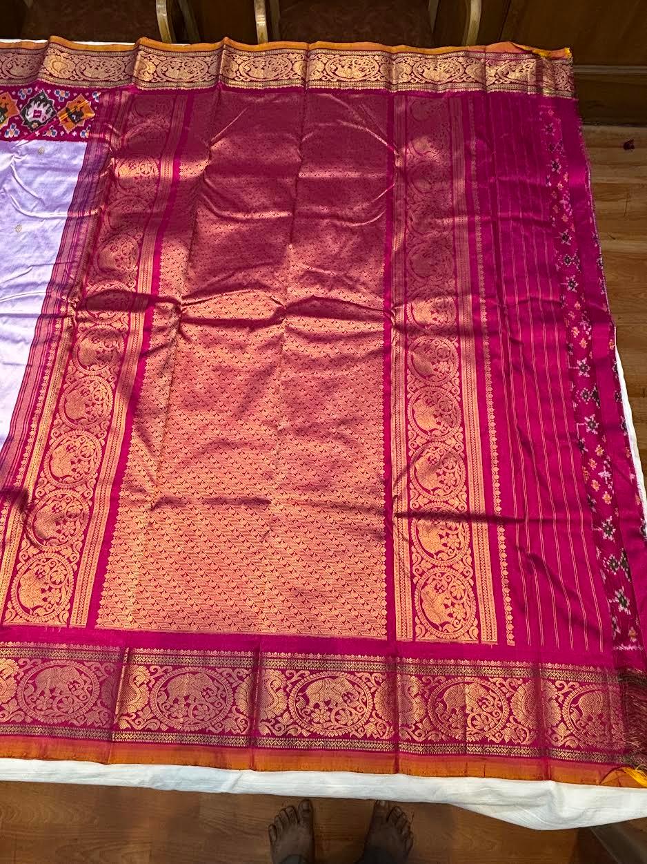 Lavender &amp; Pink Pure Pochampally Kanchi Ikkat Silk Saree with Rich Zari Border | Wedding &amp; Festive Wear - pochampallysarees.com