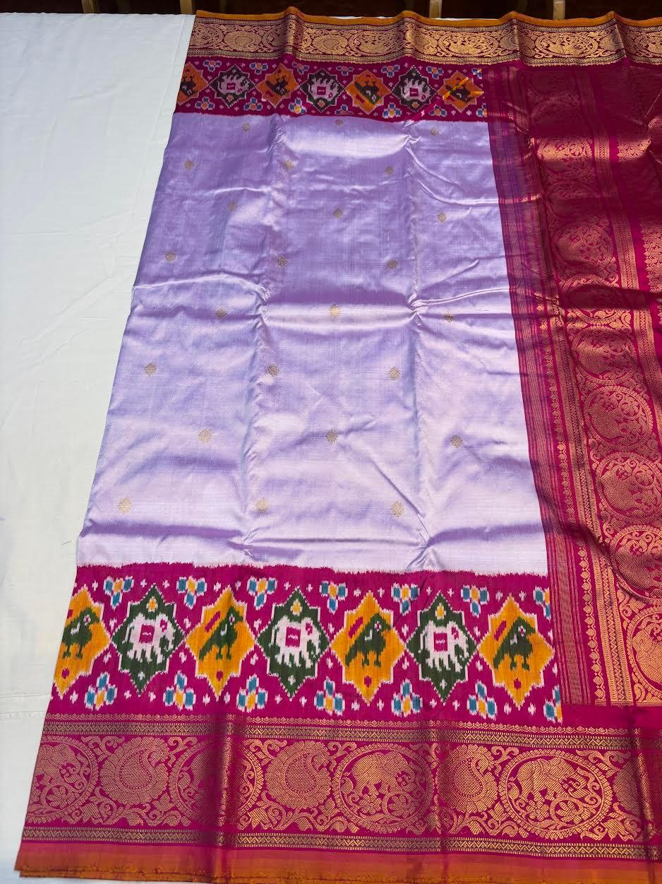 Lavender &amp; Pink Pure Pochampally Kanchi Ikkat Silk Saree with Rich Zari Border | Wedding &amp; Festive Wear - pochampallysarees.com