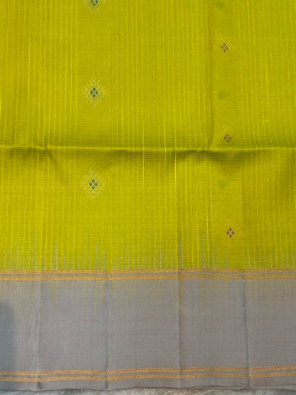 Lime Green Kora Silk Saree with Silver Zari Border &amp; Rich Pallu | Traditional Banarasi Style Festive Wear Saree with Blouse Piece - pochampallysarees.com