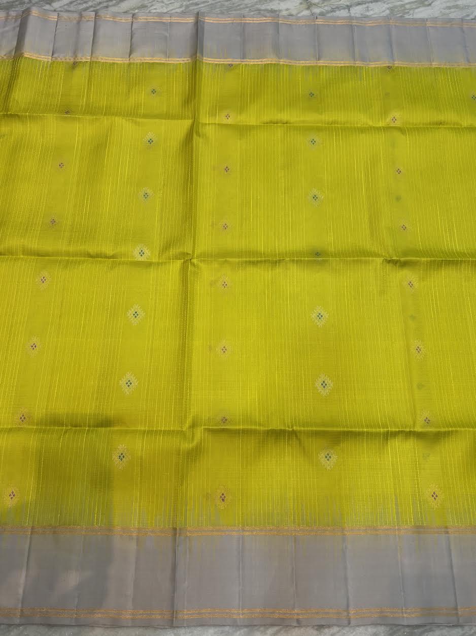 Lime Green Kora Silk Saree with Silver Zari Border &amp; Rich Pallu | Traditional Banarasi Style Festive Wear Saree with Blouse Piece - pochampallysarees.com