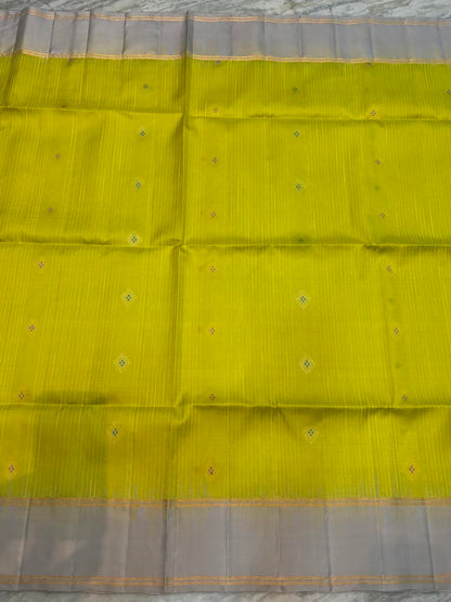 Lime Green Kora Silk Saree with Silver Zari Border &amp; Rich Pallu | Traditional Banarasi Style Festive Wear Saree with Blouse Piece - pochampallysarees.com