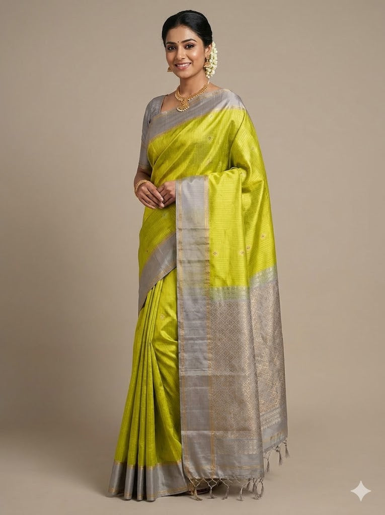 Lime Green Kora Silk Saree with Silver Zari Border &amp; Rich Pallu | Traditional Banarasi Style Festive Wear Saree with Blouse Piece - pochampallysarees.com
