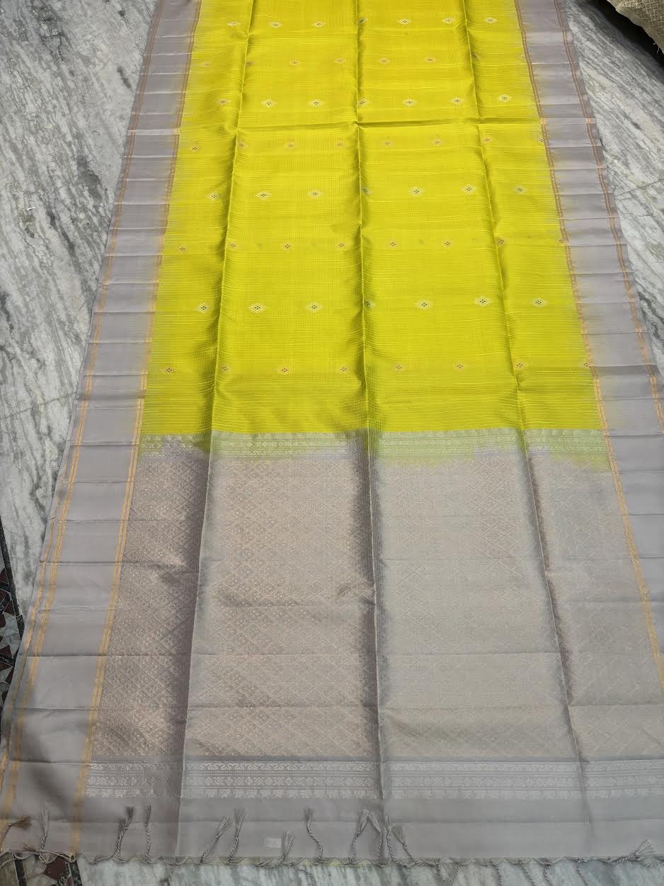 Lime Green Kora Silk Saree with Silver Zari Border &amp; Rich Pallu | Traditional Banarasi Style Festive Wear Saree with Blouse Piece - pochampallysarees.com