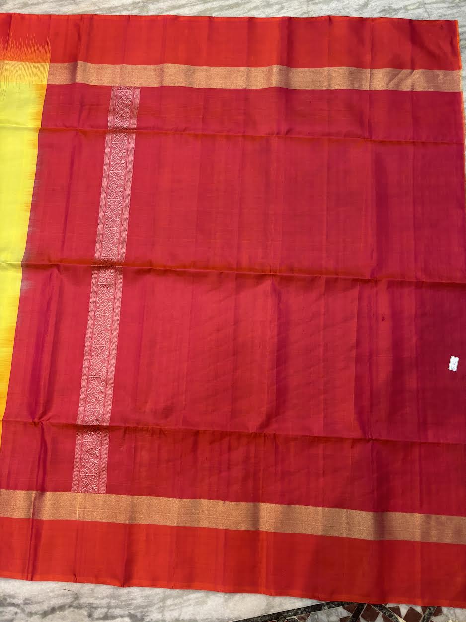 Lime Green &amp; Rust Red Pure Soft Silk Saree | Striped Body with Rich Diagonal Zari Pallu | Traditional Festive Wear - pochampallysarees.com