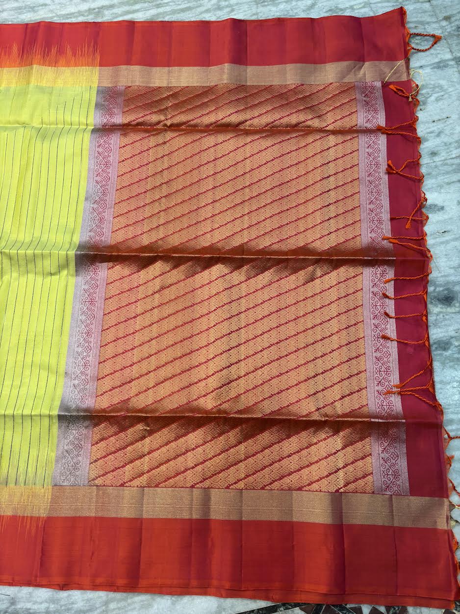 Lime Green &amp; Rust Red Pure Soft Silk Saree | Striped Body with Rich Diagonal Zari Pallu | Traditional Festive Wear - pochampallysarees.com