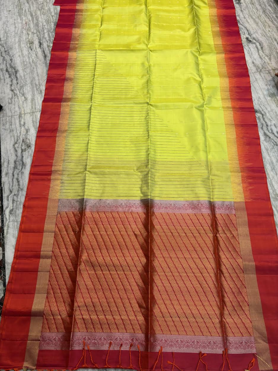 Lime Green &amp; Rust Red Pure Soft Silk Saree | Striped Body with Rich Diagonal Zari Pallu | Traditional Festive Wear - pochampallysarees.com