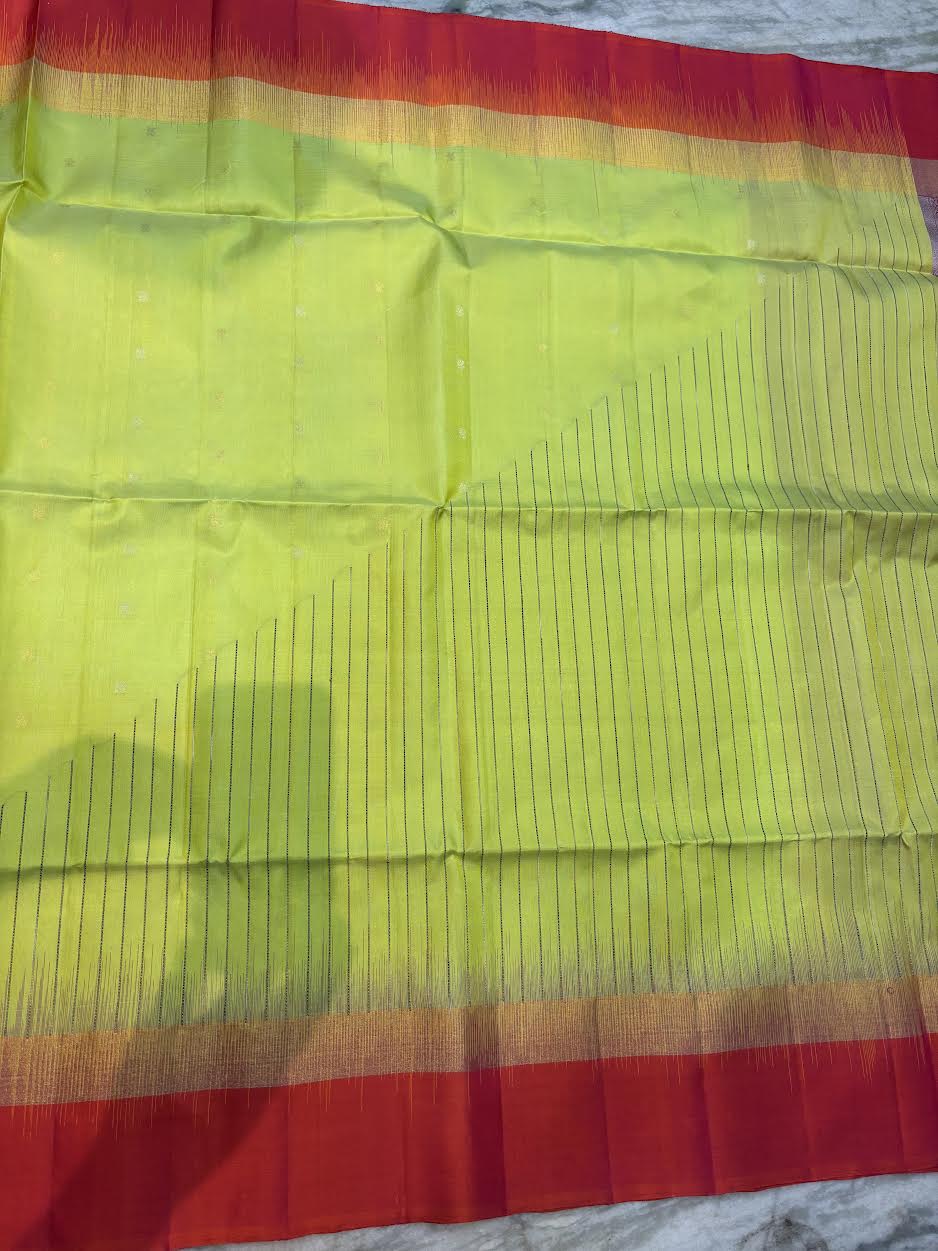 Lime Green &amp; Rust Red Pure Soft Silk Saree | Striped Body with Rich Diagonal Zari Pallu | Traditional Festive Wear - pochampallysarees.com