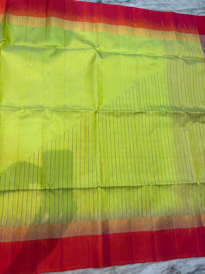 Lime Green &amp; Rust Red Pure Soft Silk Saree | Striped Body with Rich Diagonal Zari Pallu | Traditional Festive Wear - pochampallysarees.com