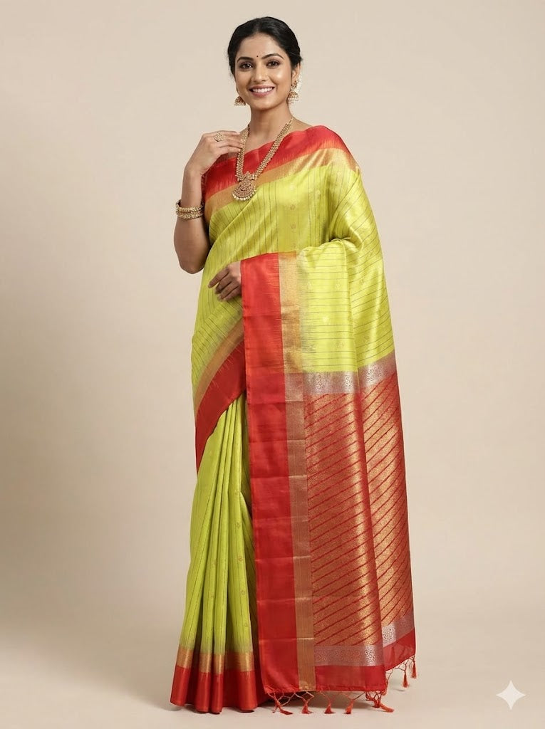 Lime Green &amp; Rust Red Pure Soft Silk Saree | Striped Body with Rich Diagonal Zari Pallu | Traditional Festive Wear - pochampallysarees.com